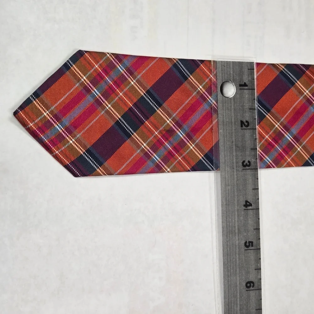 Brooks Brothers 346 Mens Silk Plaid Tie Orange Burgundy Navy‎ Blue Made in USA
